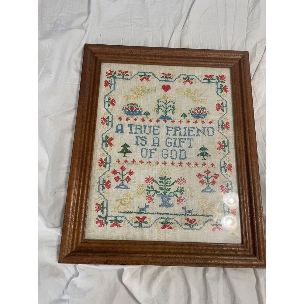 Framed matted w glass Embroidery Cross Stitch Needle Point  -  colorful FRIEND